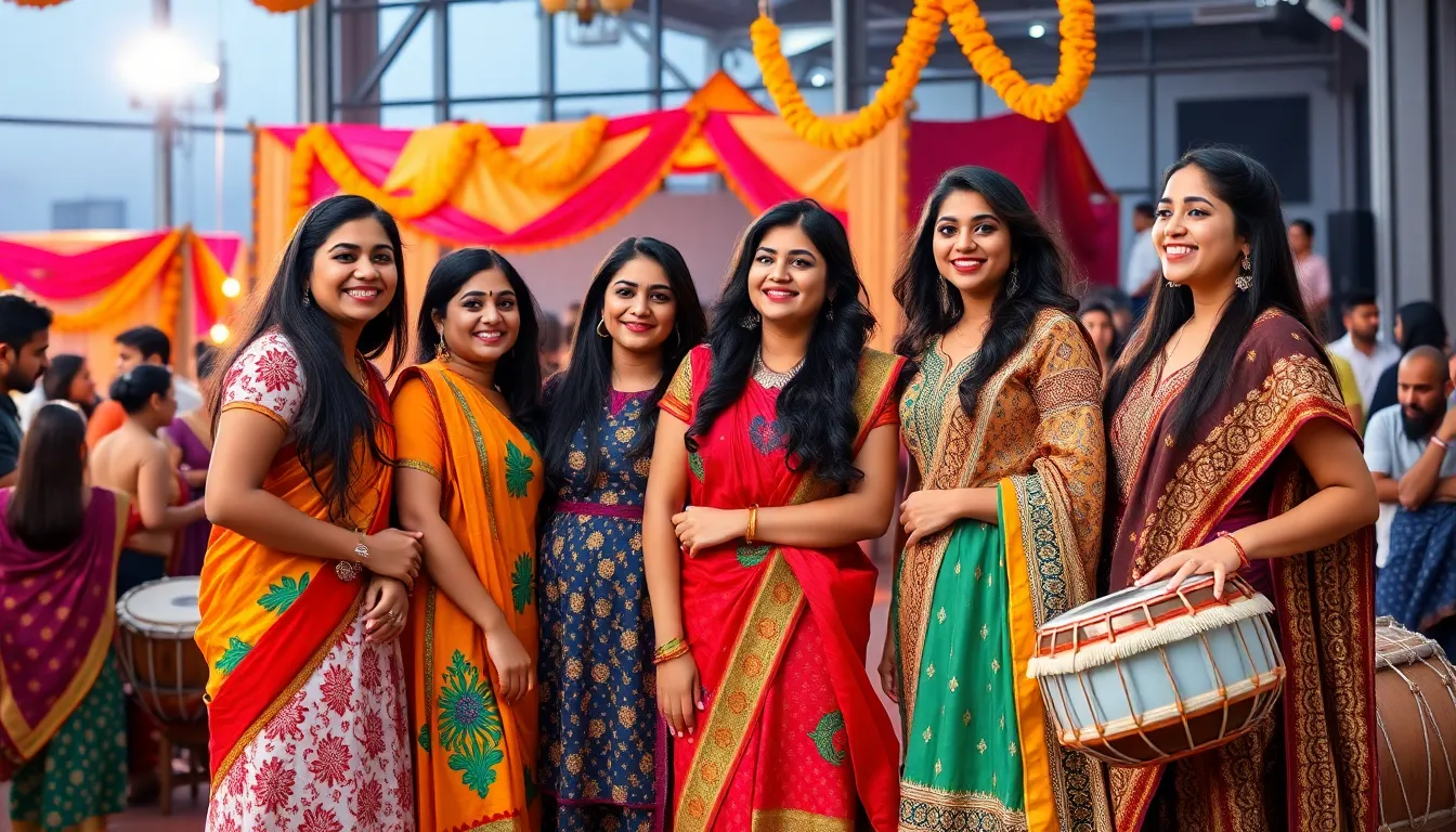 diverse women celebrating Indian culture in a modern festival.