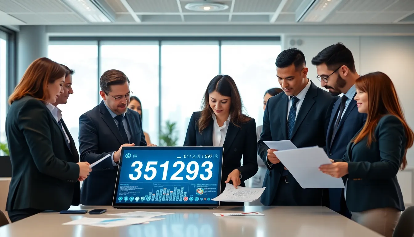 diverse professionals discussing data in a modern office setting.