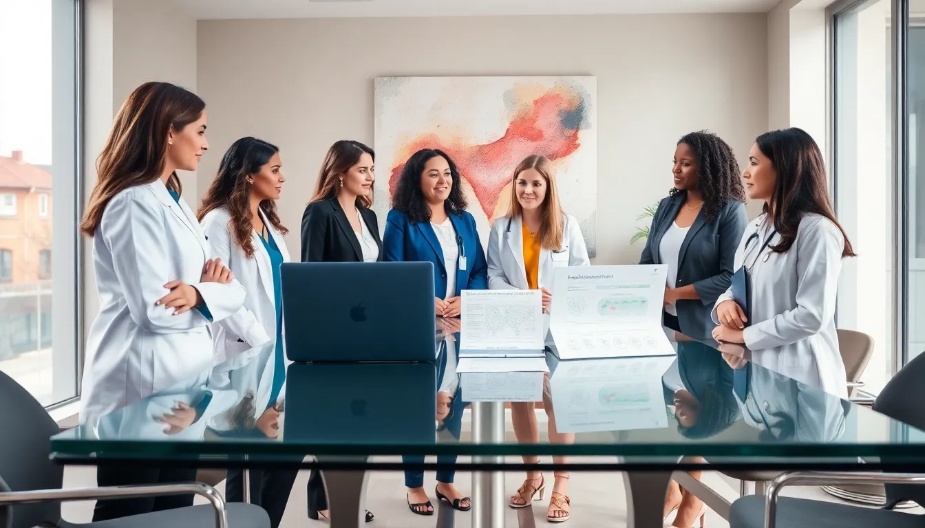 diverse team discussing endriomentroza in a modern medical office.